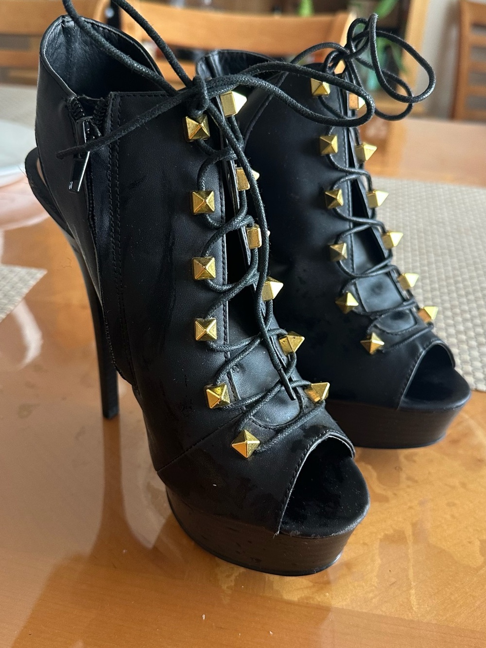 JustFab Black Lace-Up Peep-Toe Heels with Gold Studs